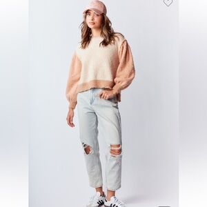 972. Puff sleeve cable knit sweater in tan